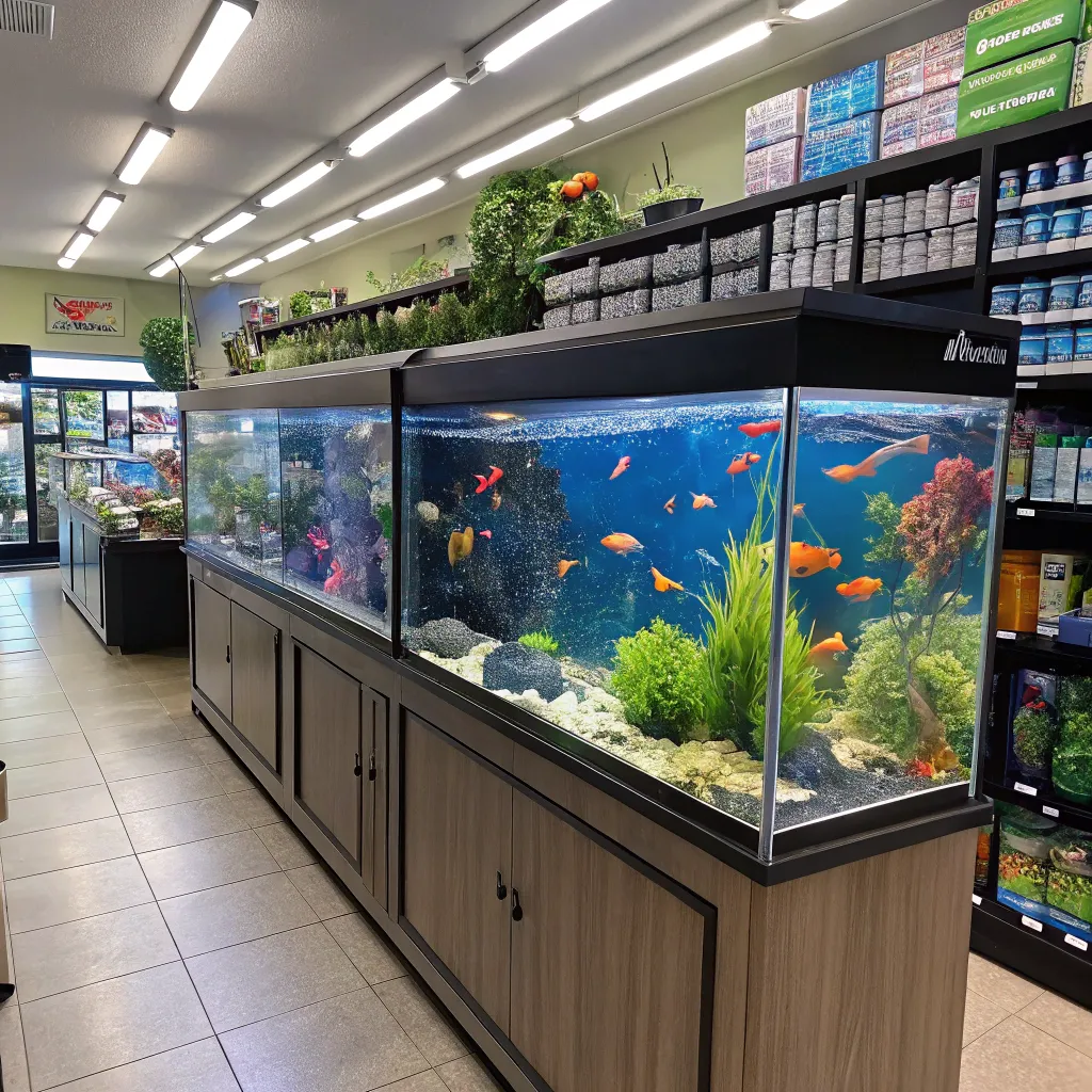 Aquarium store display with vibrant fish tanks